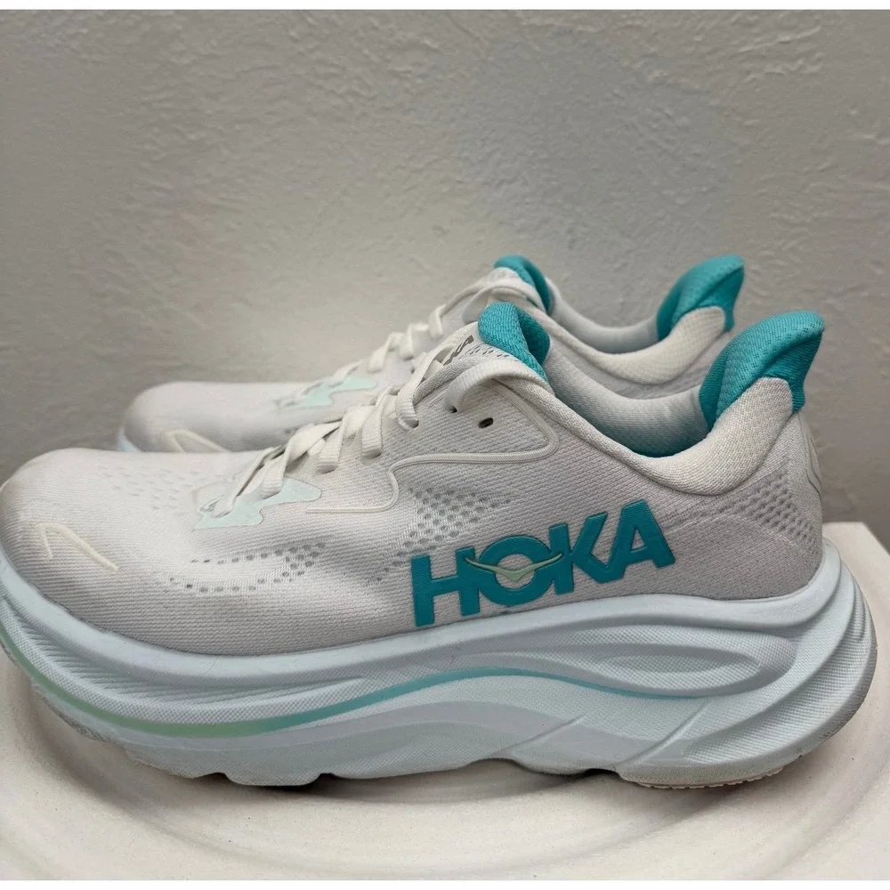 HOKA Clifton 10 Running Shoes White Aqua Blue Women's US 8B Road Sneaker